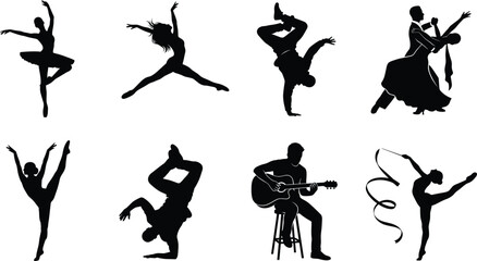 Collection of dance and musical performance silhouettes featuring ballet, breakdance, ballroom, and rhythmic gymnastics activities © MdBabul