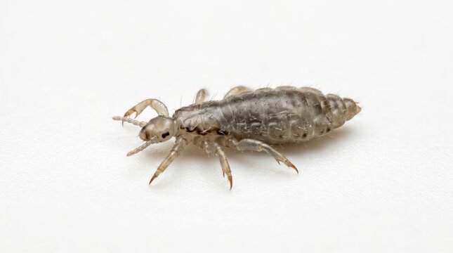 Head louse isolated on white background. Macro view of Pediculus humanus capitis insect. Parasite pest causing lice infestation in human hair. Medical biology specimen for study.