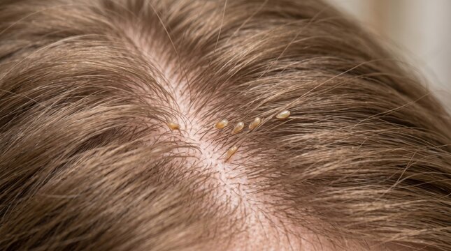 Human head with head lice nits attached to brown hair. Infestation of parasites on scalp. Medical examination of child hair for bug treatment. Healthcare and hygiene concept.