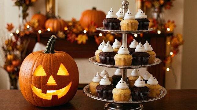 Spooky halloween treats jack o' lantern and ghost cupcakes for festive fall celebrations