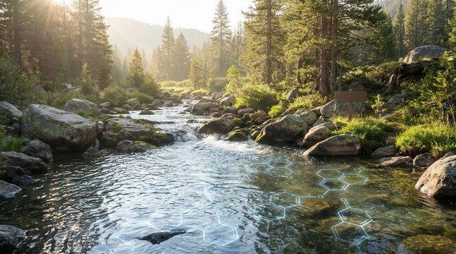 stream with a molecular overlay concept of invisible PFAS forever chemicals contamination in natural water sources