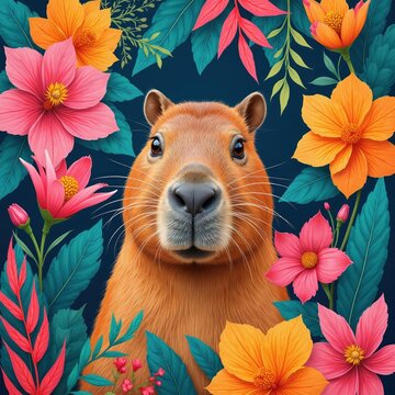 Cute capybara portrait surrounded by tropical flowers, leaves. This friendly rodent looks directly at viewer, small paws visible near face. Bright colors, lush foliage create cheerful jungle vibe.