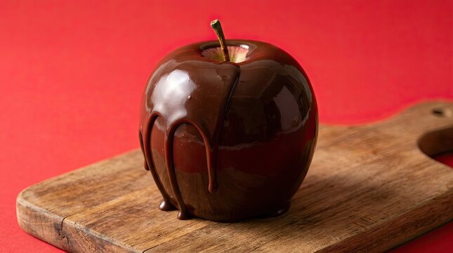 Poison apple for halloween dark chocolate covered red apple on wooden board