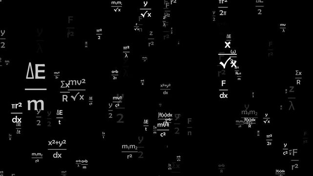 mechanics and motion equations flying through the black background, built for physics education coursework and lecture visuals