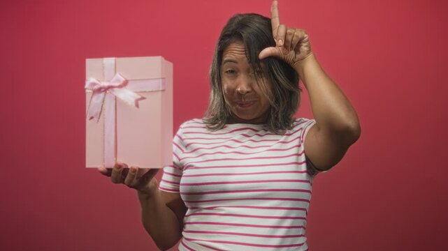 Woman holds pink gift box in left hand and makes an l sign with right index finger at forehead in studio; playful teasing.