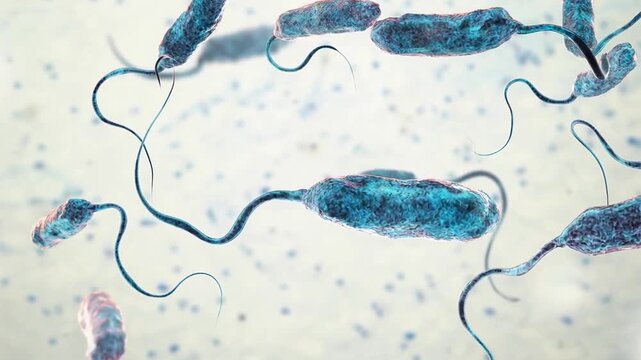 Vibrio cholerae bacterium, 3D animation showing curved comma-shaped Gram-negative cell with single polar flagellum.