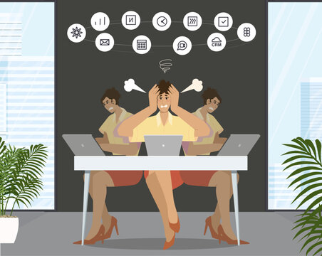 Overwhelmed employee multitasking between too many digital services and online work tools. Flat vector illustration isolated on white background