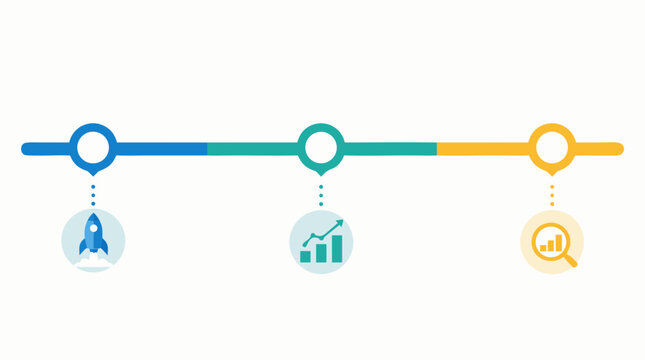 Campaign timeline infographic with horizontal launch, run and review milestones, colorful marker icons, rocket start, growth chart and analytics search, clean flat vector business planning design