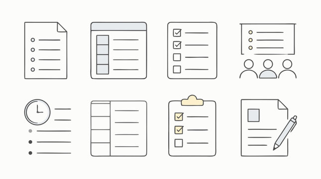 Editable line icon set for meeting agendas, organized bullet lists, time blocks, action item checkboxes, schedules, notes and team planning in clean minimal vector style for productivity workflows