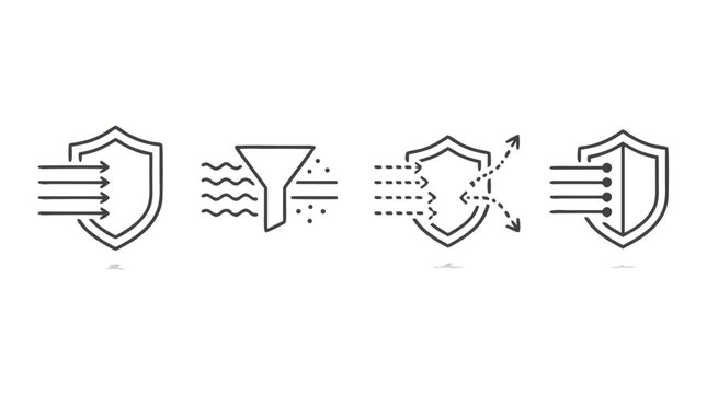 Minimalist line cybersecurity icon set showing DDoS protection, traffic filtering, shield mitigation, threat diversion and network defense, editable stroke vector assets for secure cloud platforms