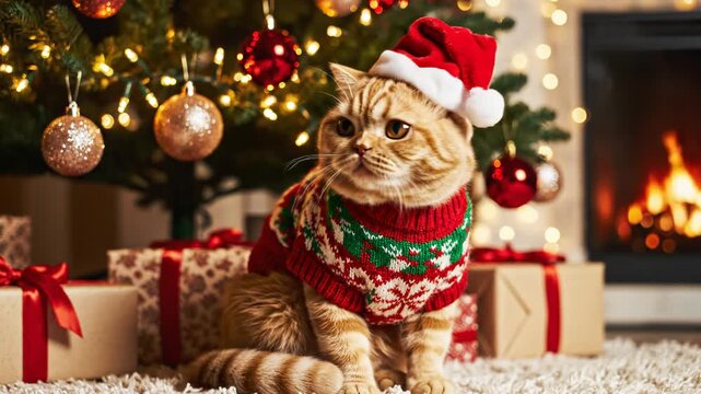 Ginger tabby cat wearing a red Santa hat and festive knit Christmas sweater sitting on a white rug near a decorated Christmas tree and presents by a glowing fireplace.