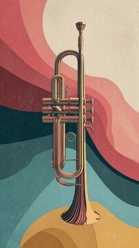 Stylized Brass Trumpet Artwork Featuring Vibrant Geometric Waves and Vintage Design