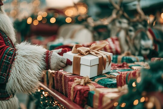 Santa Claus's gloved hand gently placing a white gift box with an elegant gold satin ribbon onto a sleigh already overflowing with wrapped Christmas presents 