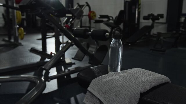 Water bottle and towel resting on workout bench in empty gym, showcasing hydration and fitness preparation. Ideal for promoting gym memberships and healthy lifestyle habits