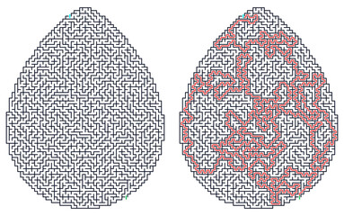 Logic game with labyrints,Maze game,Maze Puzzle foor kids,Labyrinth With Entry And Exit,Maze For Activiity Book,Puzzle Labyrinth, Easter egg maze design in black and red outline style  