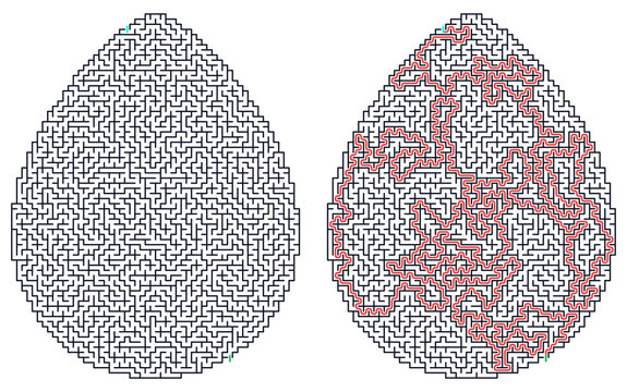 Logic game with labyrints,Maze game,Maze Puzzle foor kids,Labyrinth With Entry And Exit,Maze For Activiity Book,Puzzle Labyrinth, Easter egg maze design in black and red outline style  