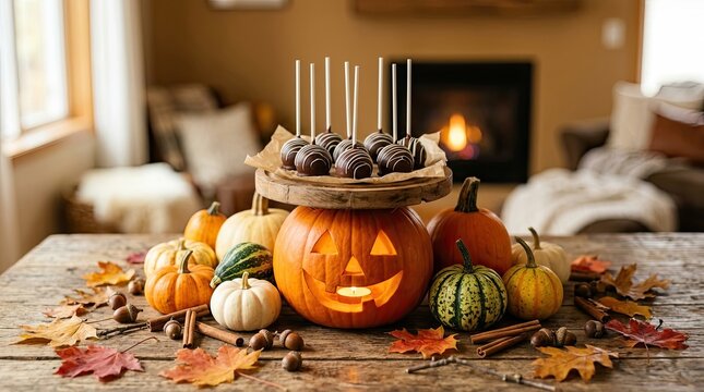 Festive halloween pumpkin display with chocolate treats and autumn decor for cozy celebrations