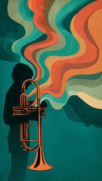 Modern Brass Music Performance Artwork With Vibrant Flowing Abstract Background