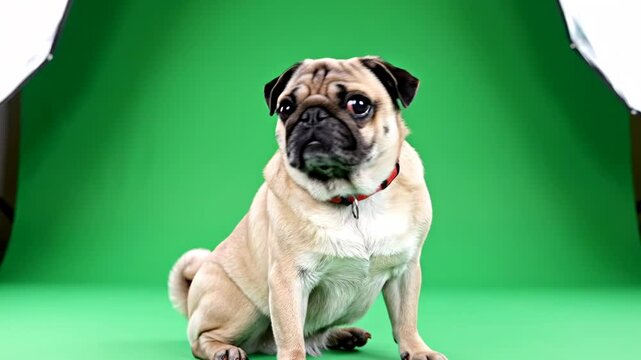 A fawn pug with a red collar sits calmly against a green screen studio background looking at the camera. Highly detailed close-up shot of a small purebred dog.