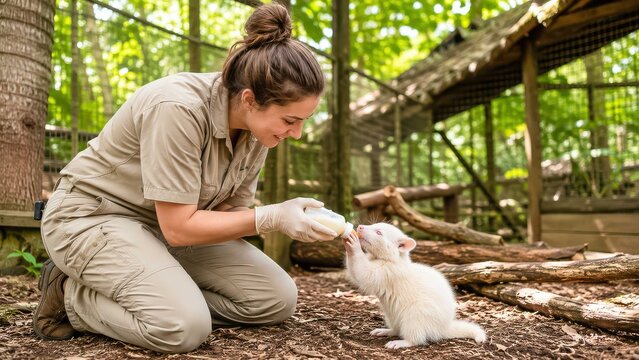 Zoo Keeper Feeding White Ferret kind zoo keeper, wearing a khaki uniform, kneels and gently feeds a small, white ferret from a bottle in an outdoor enclosure.