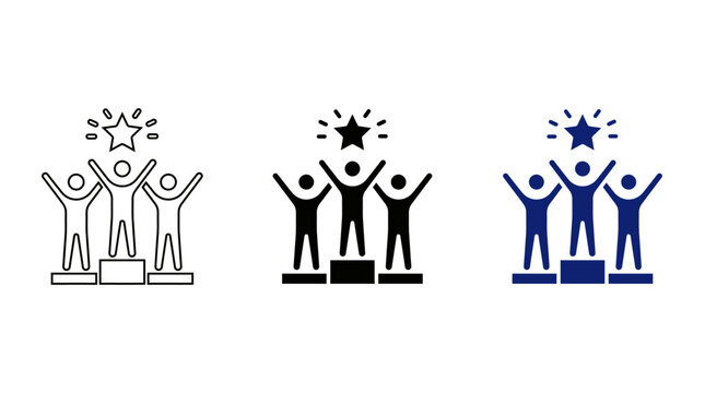 Winners on podium icon set with people celebrating on first second and third place, business success, ranking, and achievement concept vector