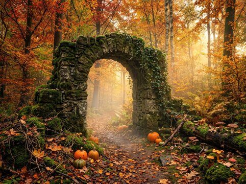 Enchanting halloween forest path with stone arch and pumpkins autumnal spooky scene
