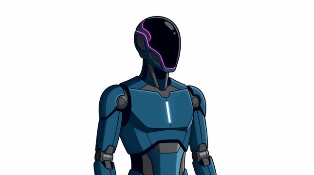 Futuristic Android Robot with Blue Metallic Armor and Glowing Neon Visor, Humanoid Cyborg Character in Flat Vector Illustration Style, Advanced Artificial Intelligence Concept on White Background