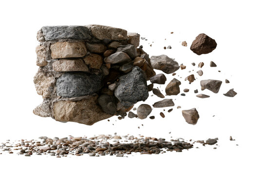 A stack of rocks exploding and falling apart on isolated transparent background