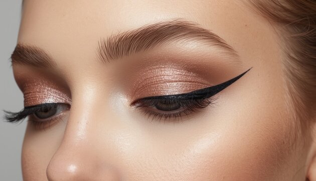 Woman displays professional eye makeup application featuring shimmering rose gold eyeshadow and a precise black winged eyeliner.