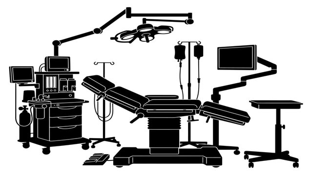 Operating room equipment includes a surgical table, anesthesia machine, and overhead lights for medical procedures.