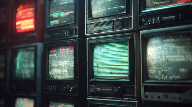 Retro Television Wall Featuring Old Monitors With Broadcast Noise And Interference