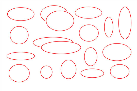 Hand drawn red oval brush line set, doodle style round circle underline frame with marker, pencil and chalk texture, vector illustration