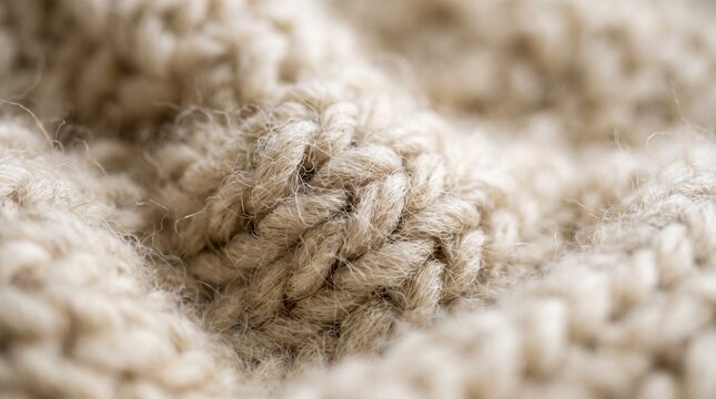 Knitted fabric background close-up view. Warm beige wool macro pattern. Soft eco material texture detailed. Macro view of beige knitted yarn. Natural wool blanket texture background. 
