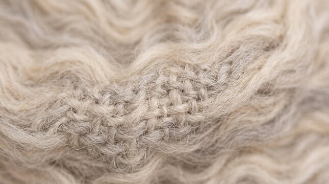 Natural warm wool blanket macro. Cozy hygge concept for winter. Natural sheep fur texture close up. Soft curly wool blanket details. Warm organic textile abstract background.