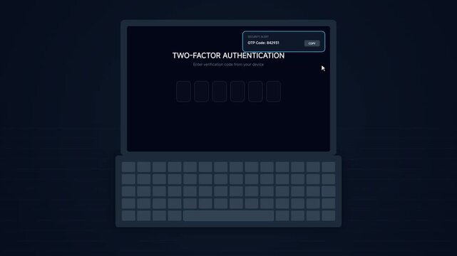 A laptop displays a two-factor authentication screen in a dark environment.