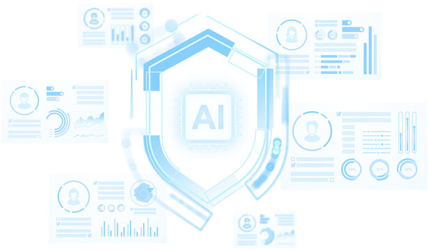 AI shield interface illustration with soft hud graphics on white background, concept of digital protection and data security