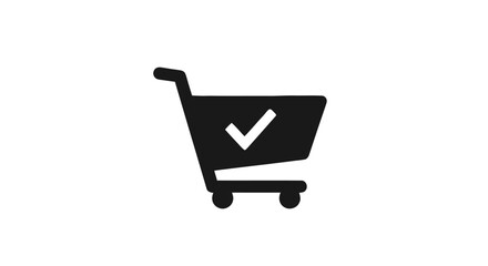 Black silhouette of a retail shopping cart containing a checkmark sign, symbolizing order confirmation and e-commerce checkout © anime