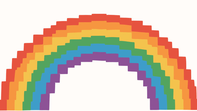 Vibrant Pixelated Rainbow Arch in Red Yellow Green Blue Purple Blocks on Clean White Background