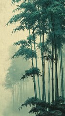 Fototapeta premium Misty Bamboo Forest in Traditional Japanese Ink Painting Style Landscape