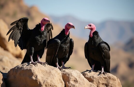 Three black vultures with pink heads rest on rocks. One vulture spreads its wings wide displaying dark feathers against a sunny desert landscape. Birds wait patiently outdoors.