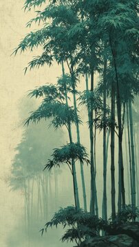 Misty Bamboo Forest in Traditional Japanese Ink Painting Style Landscape