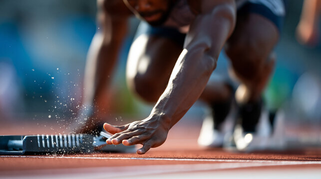 Faceless sprinter in starting blocks at the moment of the gun, explosive acceleration and body position visible, defocused track in background, sprinter starting block concept