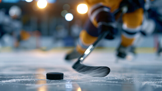 Faceless ice hockey player taking a slap shot during a game, puck leaving the blade at high speed, defocused rink in background, ice hockey slap shot concept photography, with