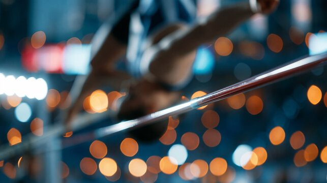 Faceless pole vaulter at the peak of their jump, body inverted above the bar with the pole flexed below, defocused track stadium in background, pole vault peak concept