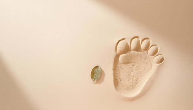 World Elephant Day minimalist composition featuring a single elephant footprint impression beside a small leaf on beige sand background