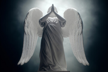 Fototapeta premium A marble angel statue stands with hands clasped in prayer beneath a moody sky. Spiritual guardian of faith, devotion, hope, protection, memorial, serenity and religious art. Funeral, burial.