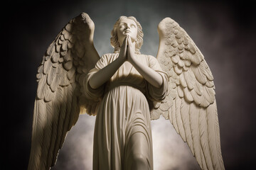 Fototapeta premium A marble angel statue stands with hands clasped in prayer beneath a moody sky. Spiritual guardian of faith, devotion, hope, protection, memorial, serenity and religious art. Funeral, burial.