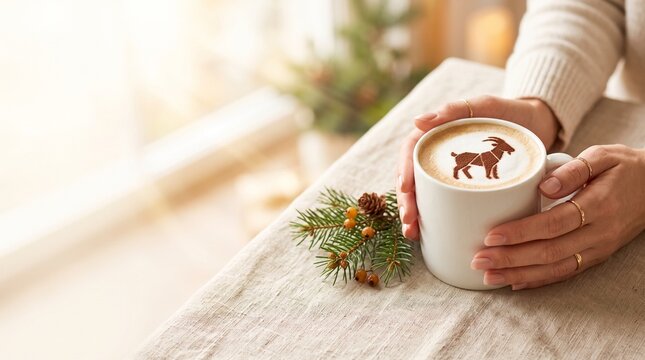 Close up view of hands holding ceramic mug with cinnamon latte cocoa powder art goat silhouette next to pine branch amber berries on clean linen tablecloth light background layout textless
