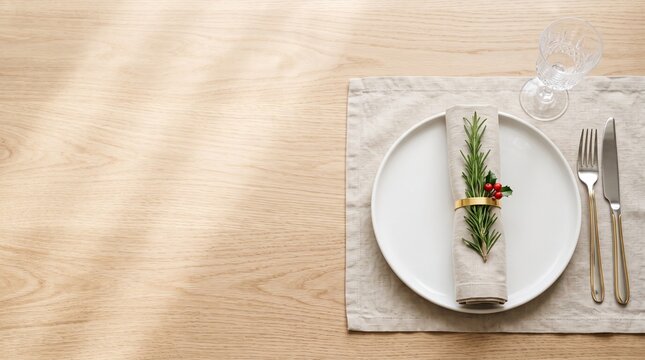 High angle view of minimalist holiday table setting with rosemary sprig in gold napkin ring on light beige linen napkin clean light oak wood table surface daylight reflections layout textless