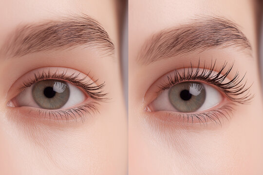 Side-by-side close-up of a woman's eye showing natural lashes and enhanced lashes after treatment. Beauty, cosmetics, self-care, makeover, eyelash lift, confidence